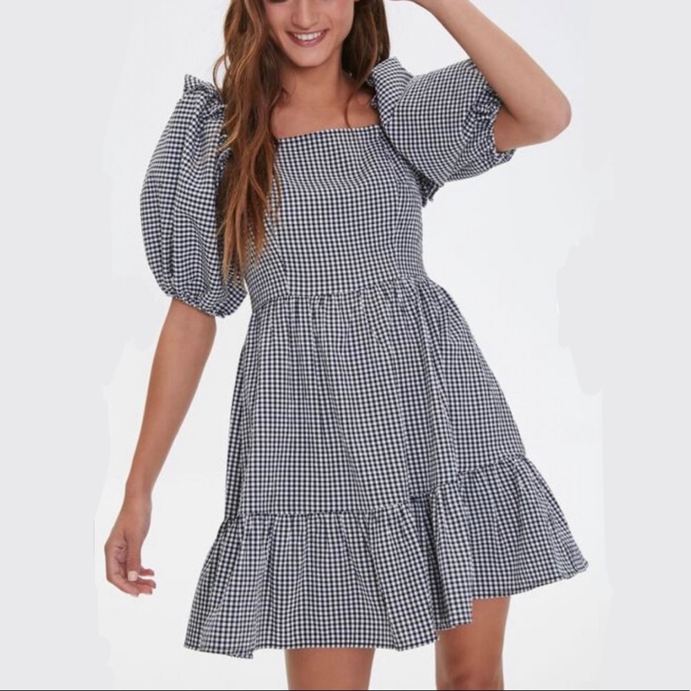 NEW FOREVER 21 Black White Gingham Balloon-Sleeve Smocked Baby Doll Dress